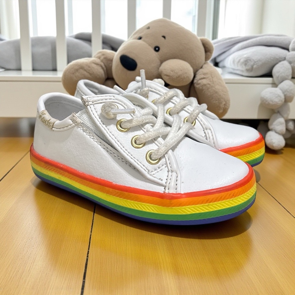 Keds White Leather Rainbow Trim Sneakers 5M Toddler Girl Boy Retrocore